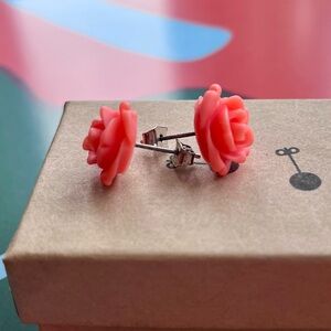 Vintage Plastic Rose Earrings, Pink